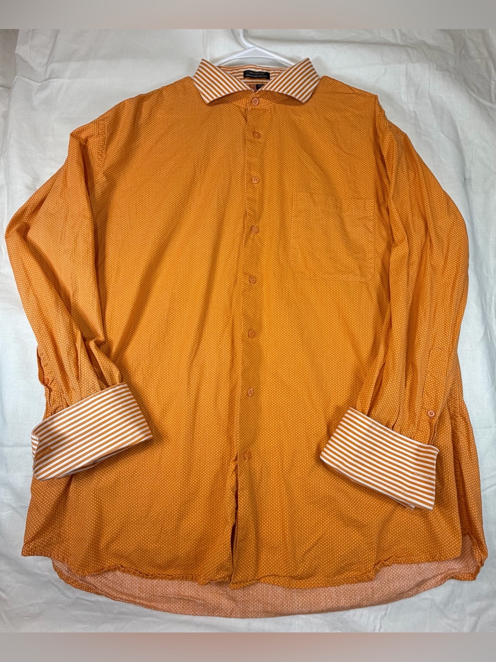 Sparks Men's Orange Long-Sleeve Button-Up Shirt with Striped Cuffs and Collar.